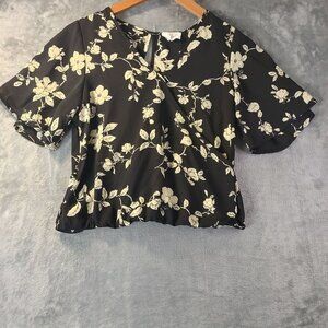 Womens Floral‎ XS Black White Peplum Ruffle Hem Casual Y2K babydoll Cropped Top